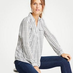 NWT Ann Taylor Camp Shirt Plaid Black White L
